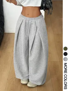 1-Piece Spring & Fall Grey Drawstring Wide-Leg Sweatpants - Loose Lazy Style Streetwear Y2K for Fitness and Daily Outings Athletic Casual Trousers