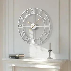 Silver Wall Clock for Living Room Decor, 24 Inch Large Metal Wall Clock Modern Luxury Roman Numeral Analog Battery-Operated Round Decorative Clocks for Bedroom, Kitchen, Office