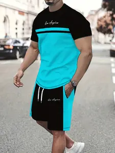 Black and blue color-blocked Los Angeles letter printed casual sportswear set, trendy style