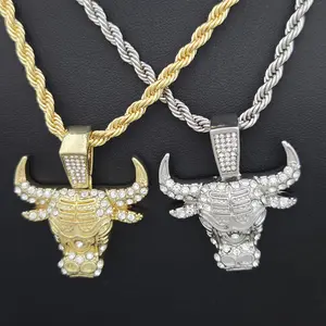 Hip Hop Iced Cubic Zirconia Bull Bulls Pendant & 4mm 24" Rope Chain Fashion Necklace Unisex Gold Silver Plated Metal Coating