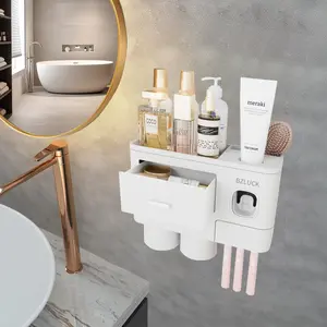 2-4 Cup Toothbrush Holder for Bathrooms Wall Mounted with Dual Automatic Toothpaste Dispensers Large Capacity Tray & Magnetic Cups for Easy Cleaning Bath Tub Accessories