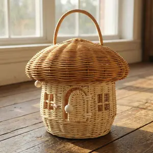 Woven handmade rattan mushroom box, children's toy handbag, woven storage basket, photography prop
