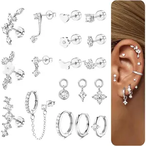 18 PCS Single Cartilage Studs Earrings Women Trendy 14k Gold Plated Flat Back Earings Stacks Dainty Small Pendant Dangle Huggie Hoops Earring Cubic Zirconia Flatback Stud Sets for Multiple Piercing