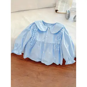 Honey Girl Blouse for Young Girls - Light Blue with Ruffled Sleeves And Lace Detail, Perfect for Spring And Fall, Spring And Fall Clothing |   Playful Design |   Frilled Sleeves, Girls Clothing
