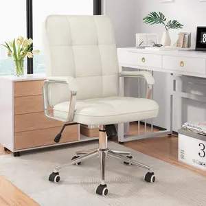 Desk chair，office chair，computer chair，Modern White PU Leather Office Chair，Ergonomic PU Leather Office Chair with Adjustable Height, Swivel Wheels & Padded Seat –Modern Desk Chair for Home Office，white