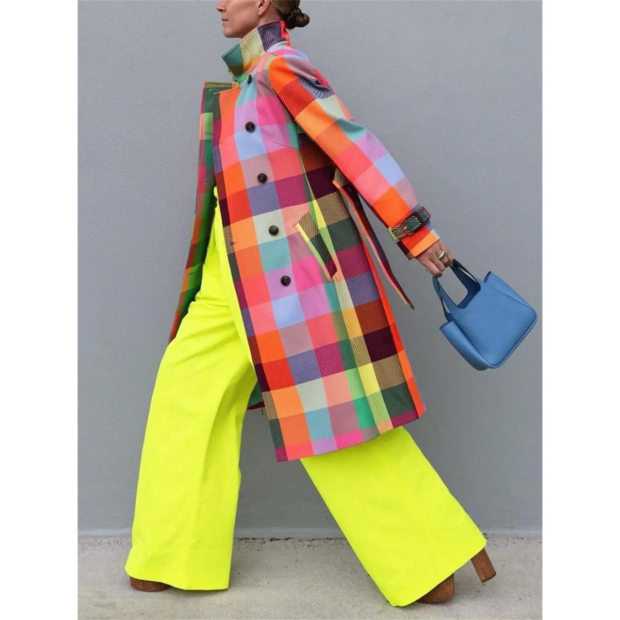 Plaid Double Breasted Trench Coat, Rainbow Colors, Women display picture 1