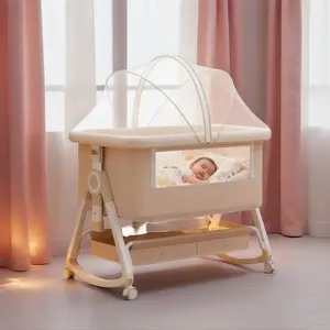 4-in-1 Bassinet Bedside Sleeper System - Rocking Function, 6-Height Adjustable Design, Easy-Fold Portable Frame with Storage Basket, Included Mattress, for 3-6 Months Newborns (5-10 Kg)