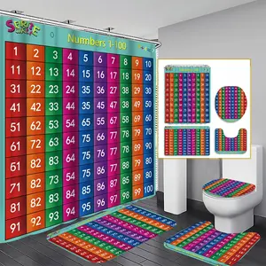 1/3/4PCS Numbers 1-100 waterproof Shower Curtain set, Educational Kids Theme Bathroom Decor, Accessories with Bath Mat, U-shaped Mat, Toilet Lid Cover, 12 Hooks 180x180cm Curtain, Learning Tool, Home Decor, bathroom accessories