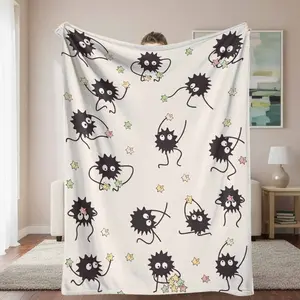 Cute Black Sprite Flannel Blanket, Whimsical Starry Creatures Print, Ultra-Soft Lightweight Plush Breathable Fabric, Warm Throw for Cozy Bedroom, Living Room, Gifting