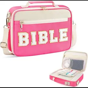 Preppy Bible Cover Case for Women & Girls – Waterproof Bible Tote Bag with Adjustable Shoulder Strap, Fits Bible Study Supplies – Christian Gift (Rose Red) Set