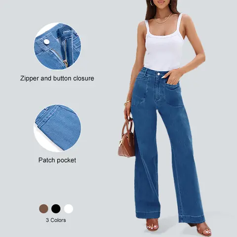 Imily Bela Womens Wide Leg Jeans High Waisted Stretchy Baggy Loose Denim Casual Pants with Pockets Zipper Button Down Closure Patch Pockets - Womenswear