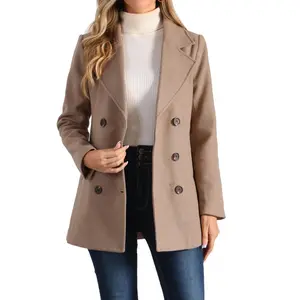 Allegra K Women's Long Sleeves Double Breasted Button Winter Outerwear Pea Coat Medium Khaki