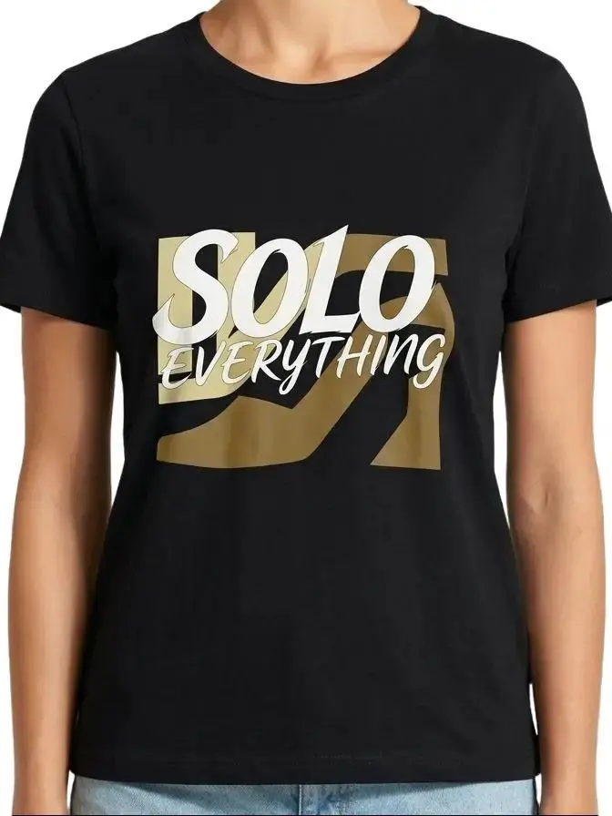 Graphic T-shirt for Women in 100% Cotton, 'Solo Everything' Gold Heel Letter Print, Casual Short Sleeve Boss Lady Tee, Shortsleeve, Tshirt