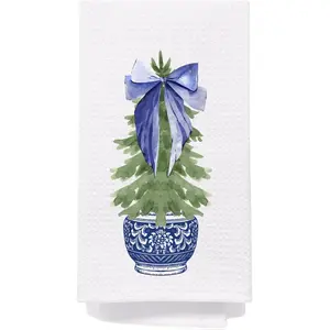 Chinoiserie Christmas Tree Hand Towels, Blue and White Porcelain - 16x24 Inch, Bathroom and Kitchen Decor
