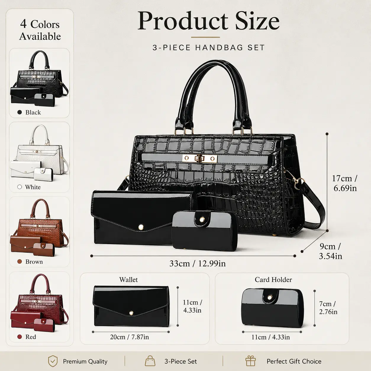 Women's 3pcs Handbag Set in Alligator Pattern PU Leather - Large Capacity Tote, Satchel, and Crossbody Bag with Gold Hardware, 3Pcs Set, Gold Women's Bags Sets