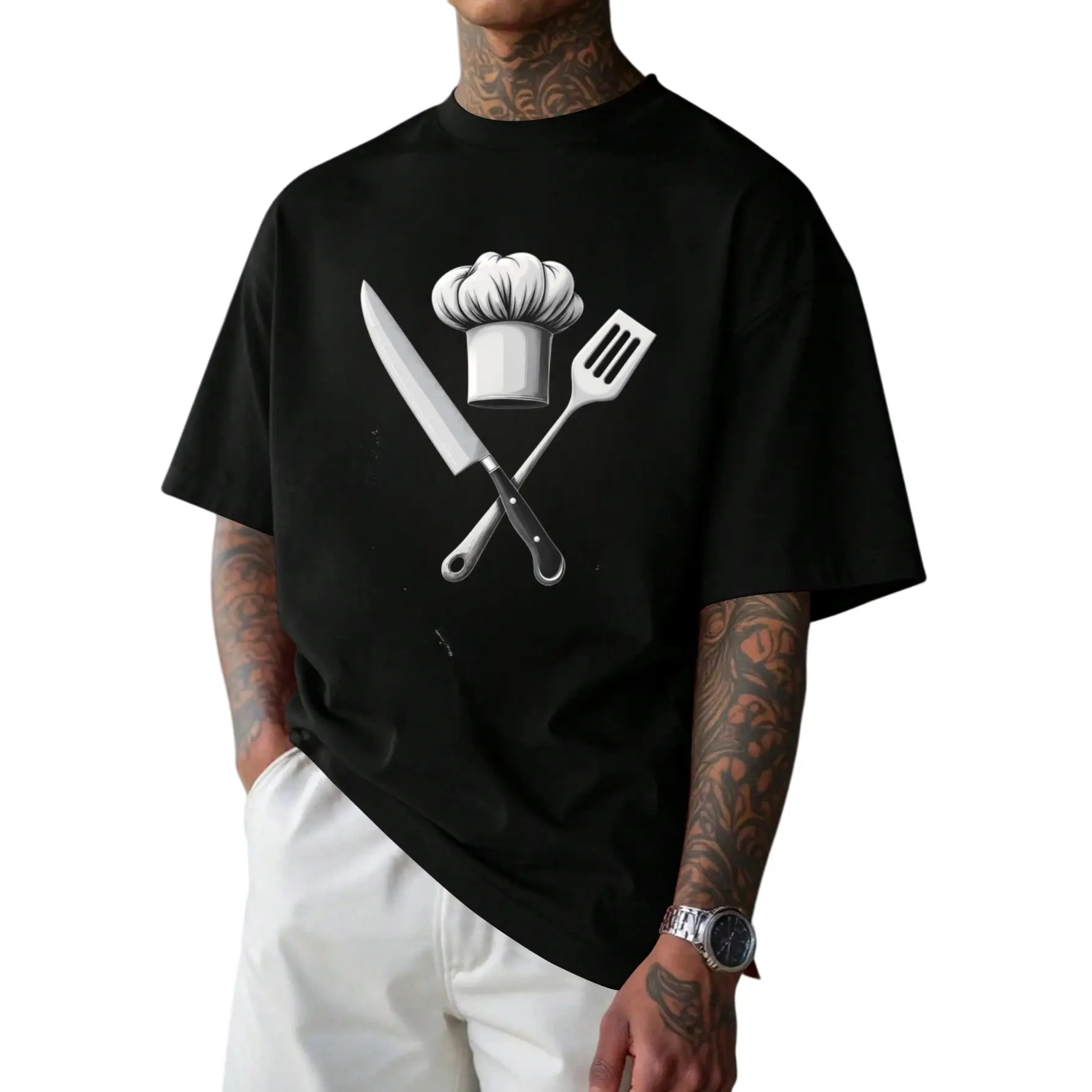 Men's Chef Knife & Spatula Graphic T-Shirt - Loose Fit Short Sleeve Crew Neck Tee Suitable for Cooking Enthusiasts, Machine Washable Casual Gift for Chefs, Outdoor & Daily Wear
