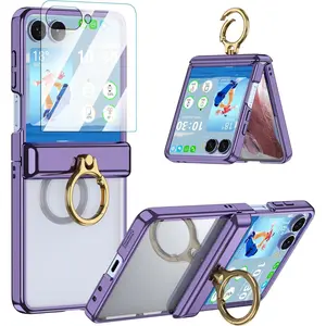 Case Designed for Samsung Galaxy Z Flip 7 Case with Ring Holder & Hinge Protection & Screen Protector,Ultra Slim Crystal Plating Protective Cover for Z Flip 7 (Clear Purple)