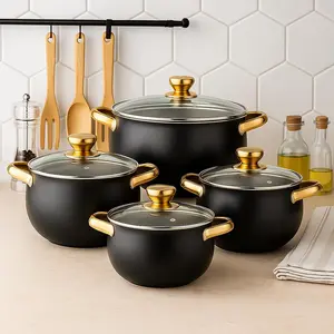 Stainless Steel Curved Pot Set with Gold Handle Design, Non-Stick Cookware with Glass Lid Suitable for All Stoves, Induction Pots Pans, Versatile Cooking Experience