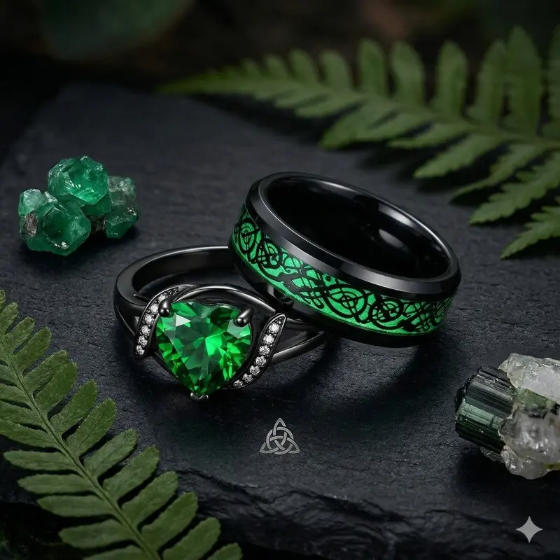 Couple's Matching Stainless Steel Wedding Ring Sets - Dragon Shaped Black Color Coordinated Rings, Inlay Heart Zirconia Bridal Engagement Promise Bands, Black Ring