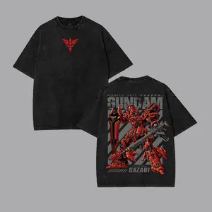 Gundam Sinanju Washed T-Shirt – Mecha Anime Tee with Cherry Blossom Art, Japanese Style Streetwear, Gift for Him, Design men gifts Menswear Tops