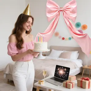 Large Satin Bow 24 x 42 Inches Pink Giant Bow Ribbon Tie for Room Decor Birthday Party Backdrop Wall Decoration (Pink)