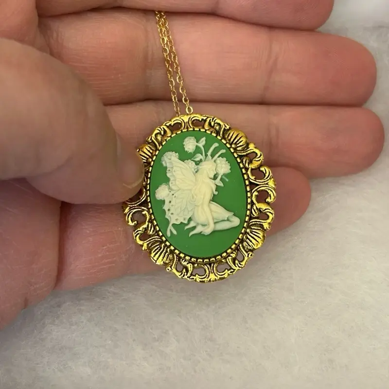 Kneeling Fairy Pendant Brooch Necklace-Green background-Gold tone-18”Tarnish Resistant Stainless Steel Chain-Jewelry for Women