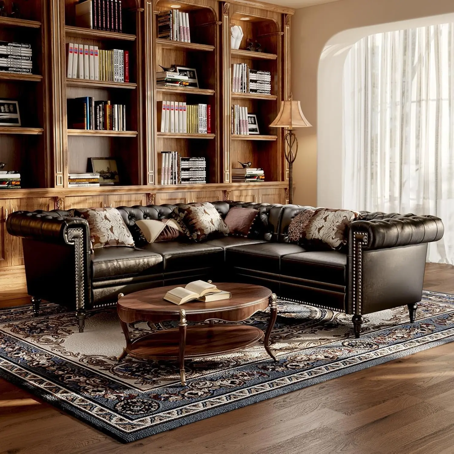 Classic L-Shaped Convertible PU Leather Chesterfield 5-Seater Sectional Sofa - Waterproof, Tufted, Nailhead Trim, Rolled Arms, 85"/99.4" Leather Couch Set for Apartment, Living Room Decor, Indoor Furniture, Polyurethane Foam