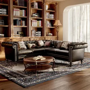 Classic L-Shaped Convertible PU Leather Chesterfield 5-Seater Sectional Sofa (85"/99.4"), Waterproof Living Room Sofas with Tufted Nailhead, Rolled Arms for Apartment, Office, Sofas Living Room