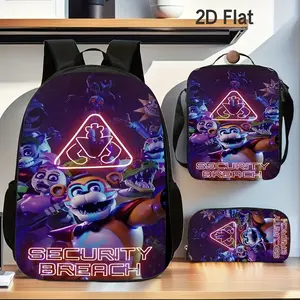 Durable Water Resistant 3-Piece Backpack Set for Kids, Lightweight School Bag with Lunch Box, Featuring Horror Animatronic Animal Group Full-Print, Neon Triangle Logo & "SECURITY BREACH" Glow Text on Dark Purple Background for Horror Game Fans Daily Schoo