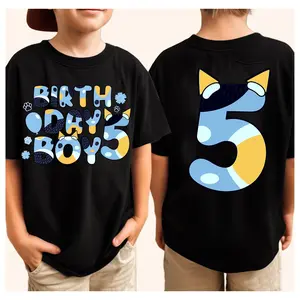 🎉100% Cotton Custom Age Number Boys 'Birthday Boy' Blue Dog Cartton Theme Tee for Youth Adult, Personalized Matching Birthday Shirt, Teens Funny Birthday Gift
