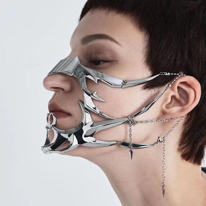 Cyberpunk Metal Face Mask Futuristic Fluid Mechanical Design Adjustable Earring Lip Ring Unisex Techwear Face Jewelry