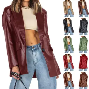 FMEYOA  Womens Oversized Leather Jacket Long Sleeve Faux Leather Blazer Lapel Button Down Leather Shacket Coat with Pockets
