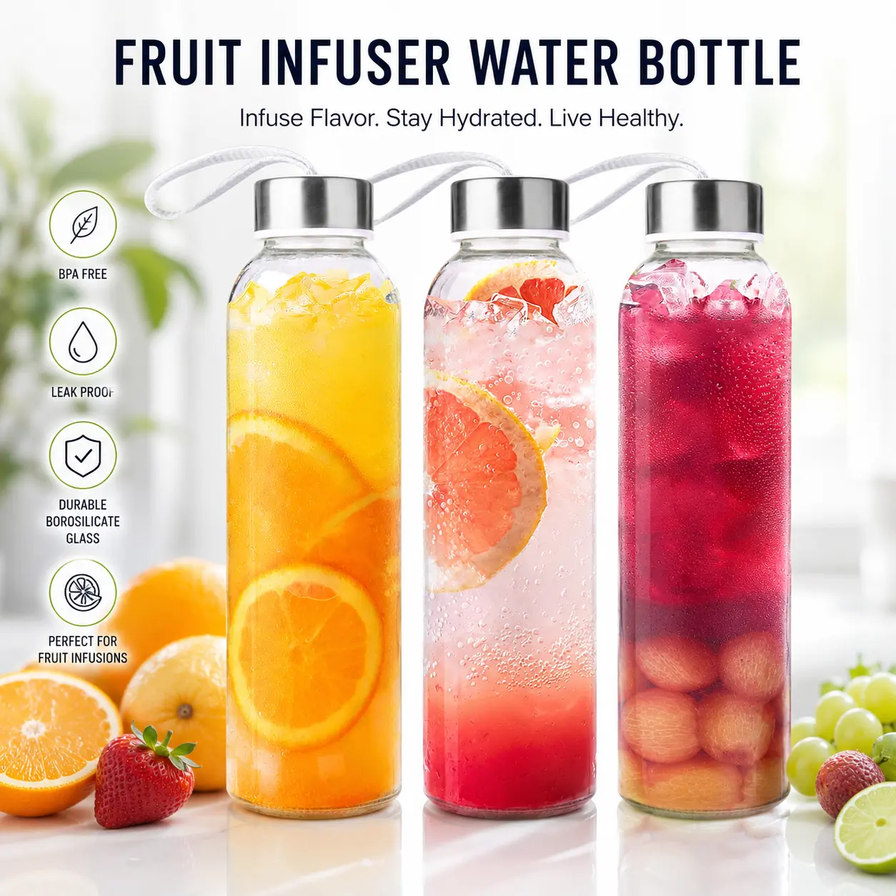 3 Packs Glass Water Bottles with Lid Clear Juice Bottles Reusable Bottle with Stainless Steel Cap Glass Cups Liquid Storage Containers for Juicing Beverage Refrigerator Travel-17oz