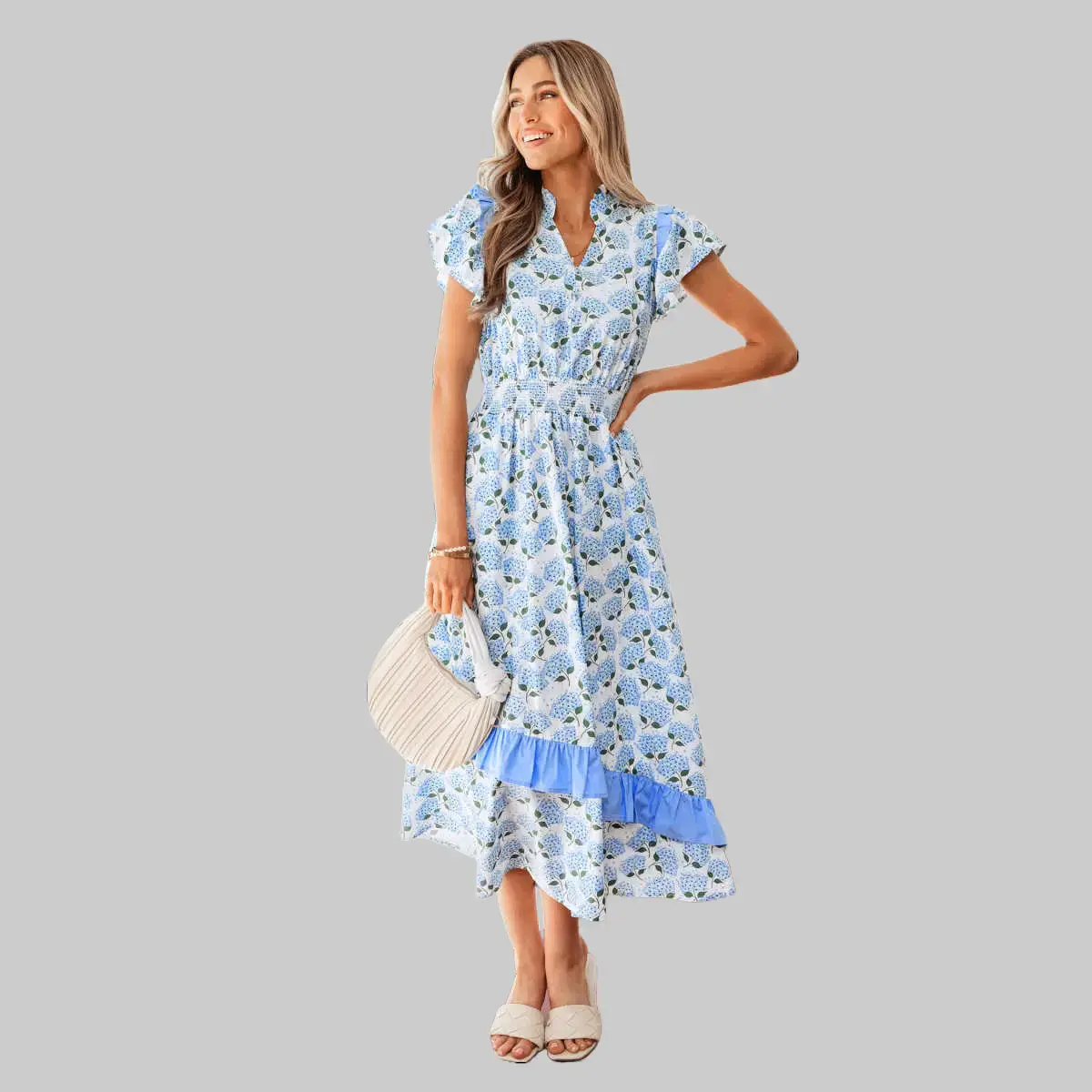 Women's Casual Full-Length Dress - Soft Cotton Blend Fabric, Elegant Hydrangea Floral Print, Ruffle Trim, Flutter Short Sleeves