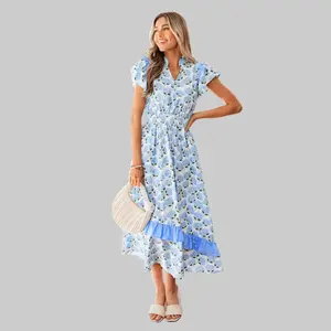 Women's Casual Elegant Light Sky Blue Hydrangea Floral Print Ruffle Trim Flutter Short-Sleeve Comfortable Long Dress