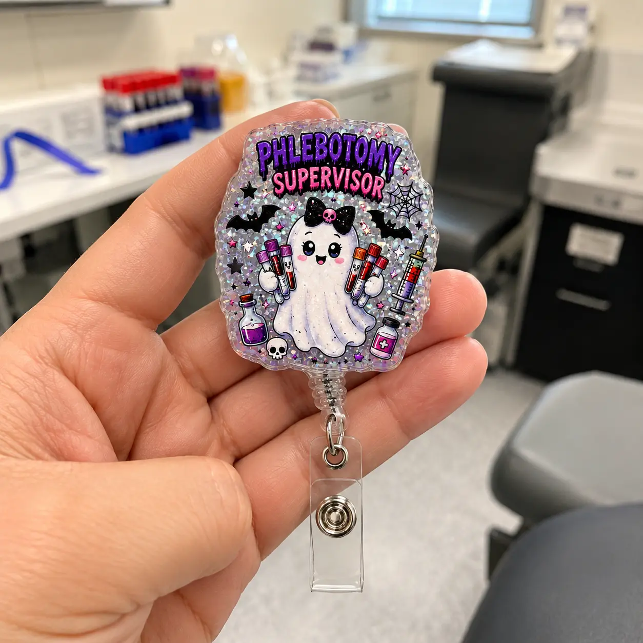 Halloween Phlebotomy Leadership Badge Reel, Holographic Glitter Acrylic Retractable ID Holder for Phlebotomy Supervisor, Lab Lead and Lead Phlebotomist, Spooky Blood Draw Badge Clip Gift