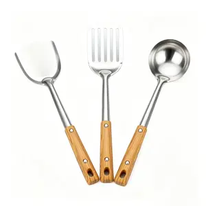 Three-Piece Stainless Steel Kitchen Utensils Set, Heat-Resistant Spatula Spoon Ladle, Wooden Handle, Home & Commercial Use