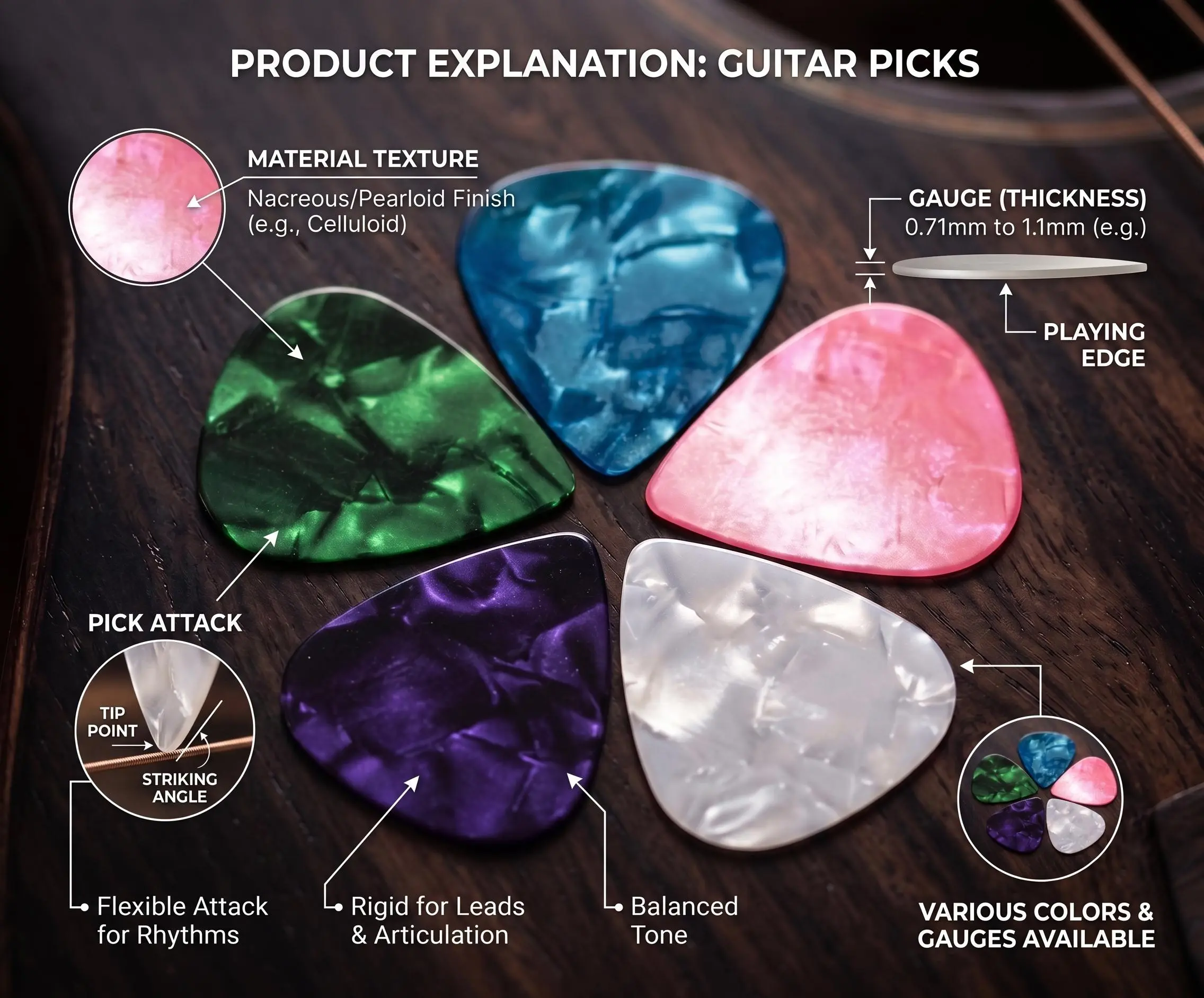 This set of 5 guitar picks comes with a storage box. It includes thin, medium, and thick picks in various colors and is made of celluloid. It is suitable for instruments such as bass, electric guitar, acoustic guitar, and ukulele.