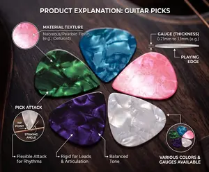 This set of 5 guitar picks comes with a storage box. It includes thin, medium, and thick picks in various colors and is made of celluloid. It is suitable for instruments such as bass, electric guitar, acoustic guitar, and ukulele.