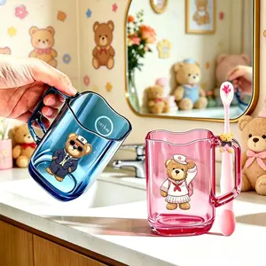 Teddy Bear Cartoon Bathroom Cup Set, Durable Anti-Drop Toothbrush Holder, Soft Brush, Ideal for Bathrooms, Travel, Birthday Gift