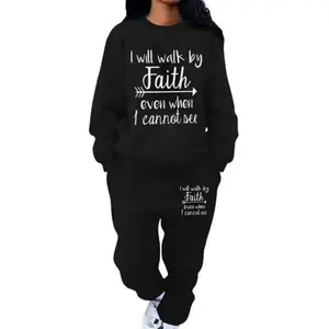 Women's Lounge Tracksuits Set-2pcs Women's Oversized Faith-Inspired Bible Verse Sweatshirt & Jogger Pants Set - Soft Round Neck Casual Athletic Wear, Solid Black Christian Outfit with "I Walk By Faith" Print, Comfortable Winter Clothing