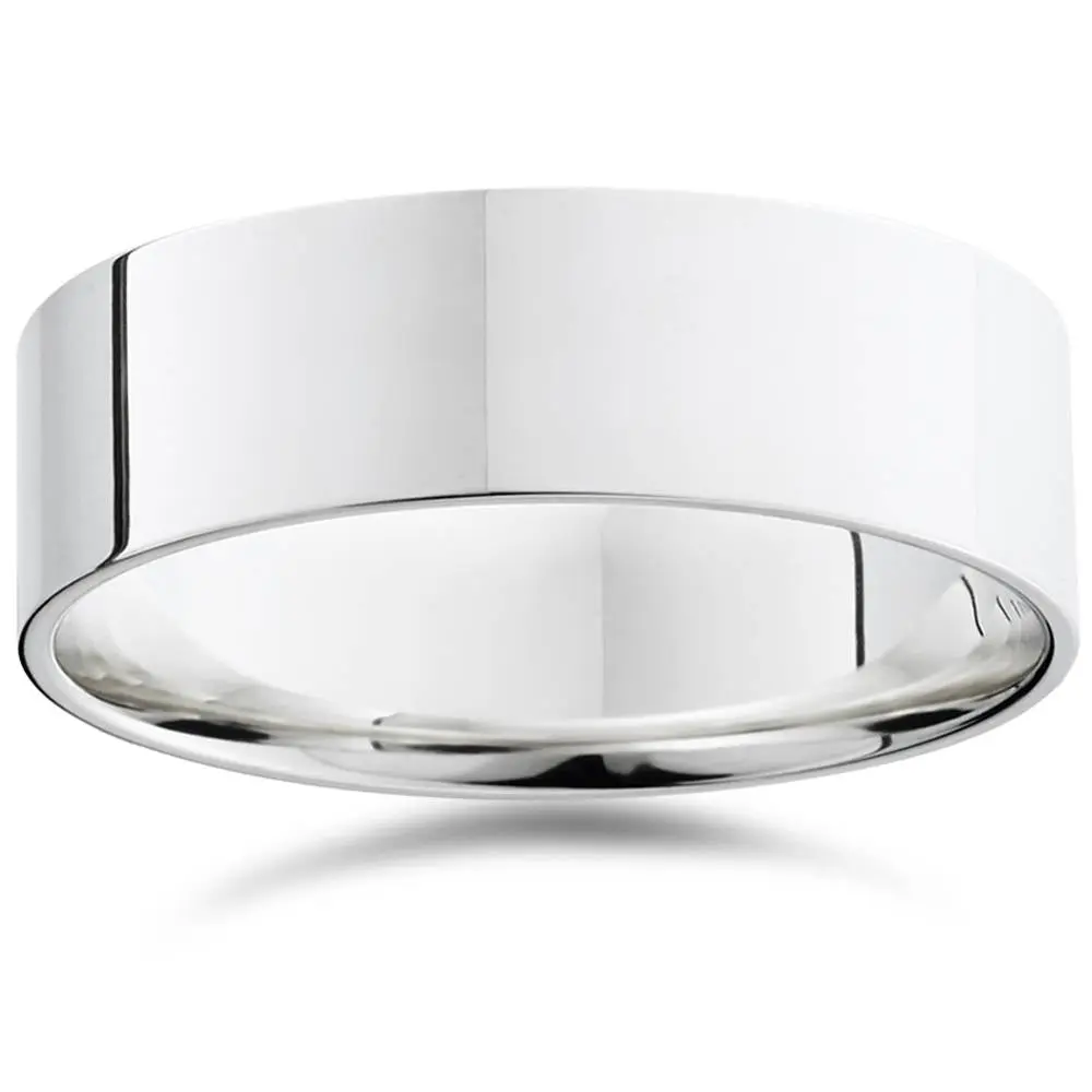 7mm Flat High Polished Wedding Band 10K White Gold Plain Mens Ring Comfort Fit