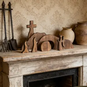 Wooden Cross Easter Desktop Ornament, Jesus Crucifixion Resurrection Theme Decor, Holiday Home Display Piece, Religious Home Decoration