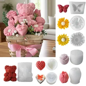 8 Piece Silicone Molds Set for Handmade Candle Making, Resin Casting, and Gypsum Crafts, Includes Sunflower, Heart, Butterfly, Rose, Tulip, Teddy Bear