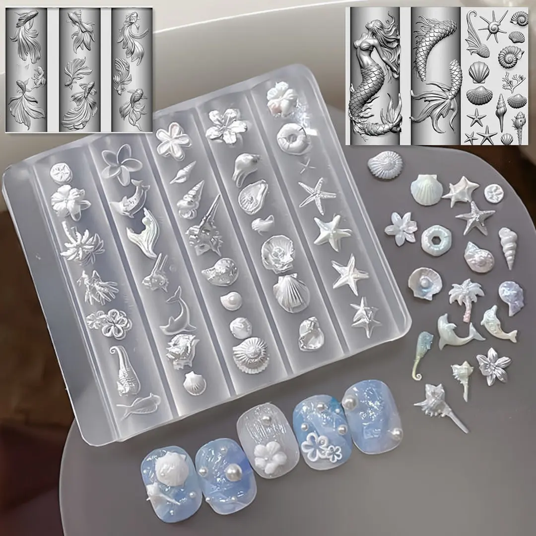 Nail Art Silicone Ocean Life Mold Set, Nail Art Supply, Creative Nail Design Tools for Manicure & Pedicure, Easy-To-Use DIY Nail Stencils, Nail Art Accessories
