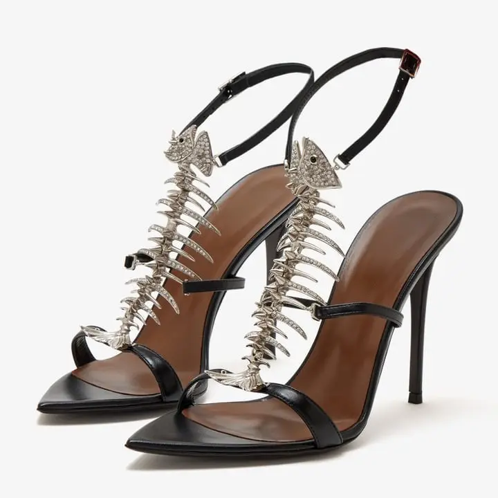 ReneChristine Women Fish Skeleton Rhinestone Stiletto Sandals Pointed Toe High Heels for Evening Party Nightclub & Date Dress Sandals
