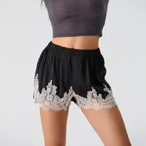Women Satin Silk Shorts Lace Trim Patchwork Pettipants Elastic Waist Silk Slip Shorts Lounge Bottoms