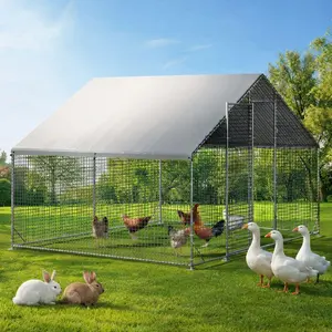Large Walk-in Chicken Coop, Galvanized Poultry Run with Anti-UV Cover & Security Lock, Heavy-Duty Chicken Enclosure for Backyard Farm, Ideal for Hens, Ducks, Rabbits, No Battery Required