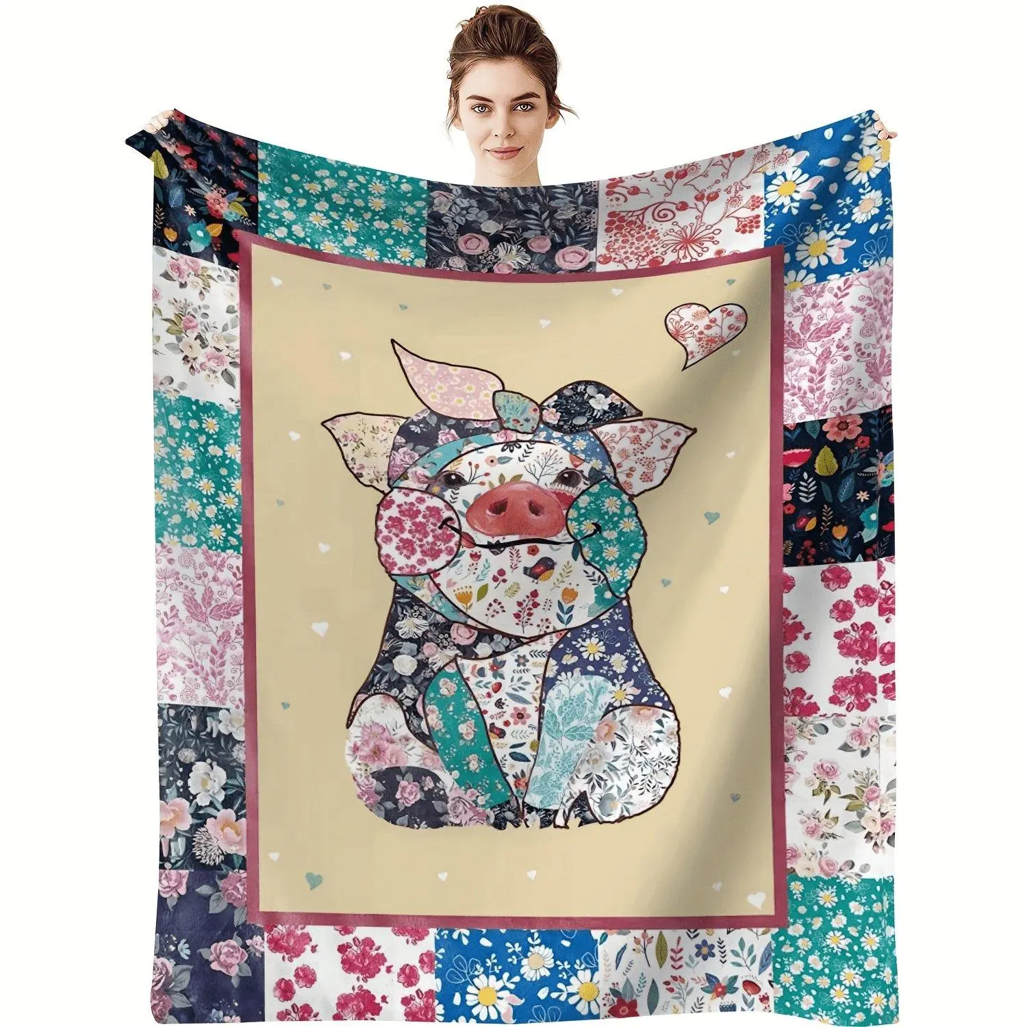 1pc Kawaii Pig Colorful Animal Blanket, Splicing Flannel Blanket Soft Warm For Bedroom Office Car