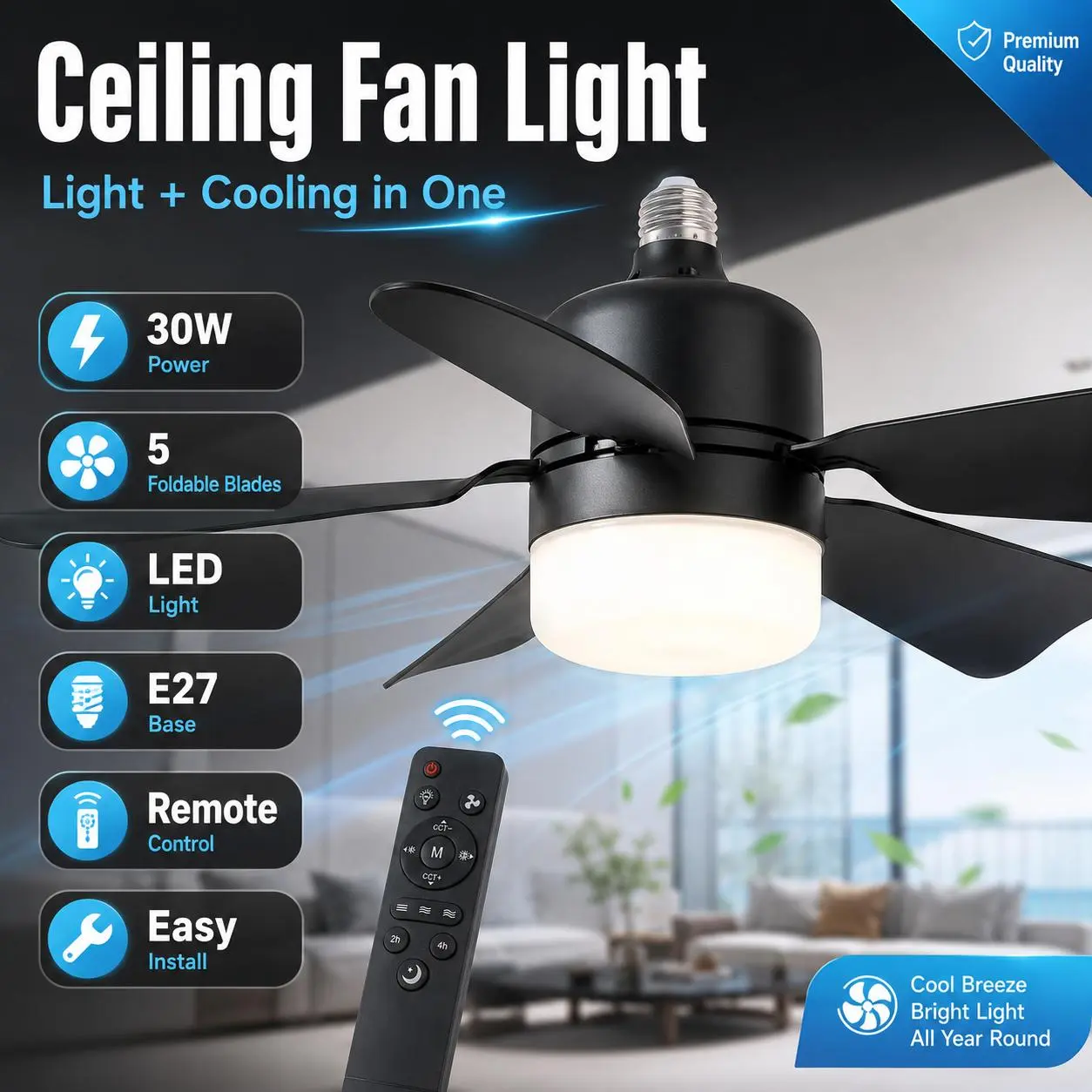 Black Socket Ceiling Fan with Light, E26/E27 Screw-in Fan Light with Remote, Dimmable LED, 3 Speeds, Low Profile Mini Fan for Bedroom Kitchen Garage